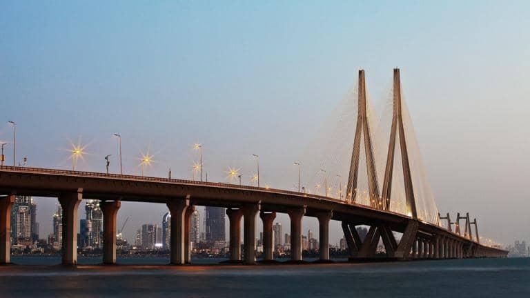 The Bandra–Worli Sea Link bridge in Mumbai, India. The city is visible in the background