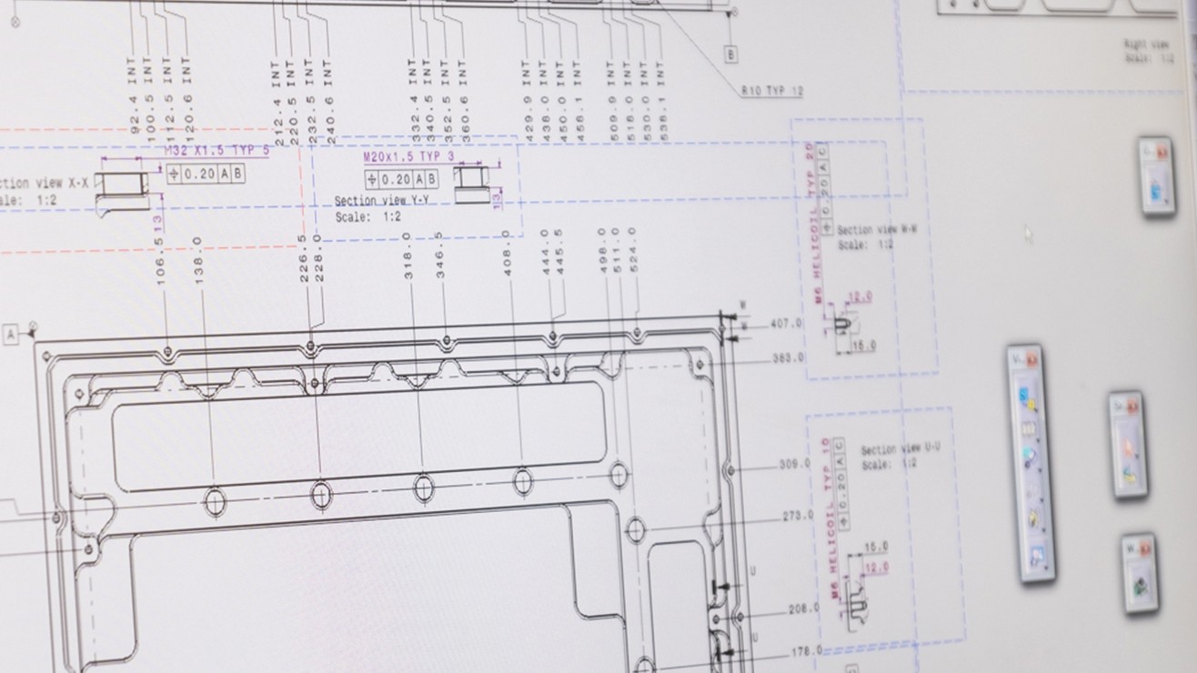A close-up of a detailed CAD drawing