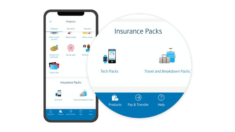 Phone showing Insurance packs: Tech Packs and Travel and Breakdown Packs.