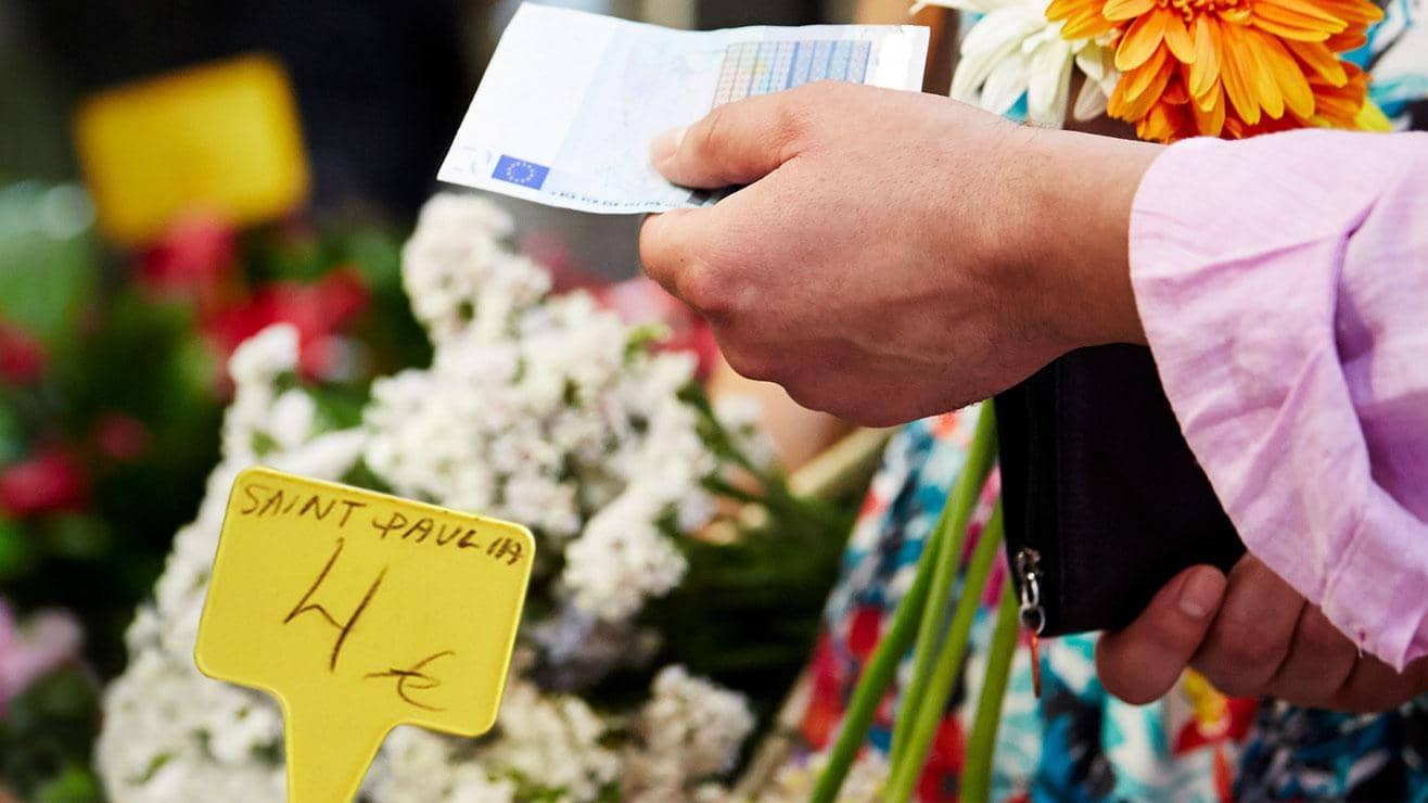 Hands holding a euro bank note and a purse at a flower stall