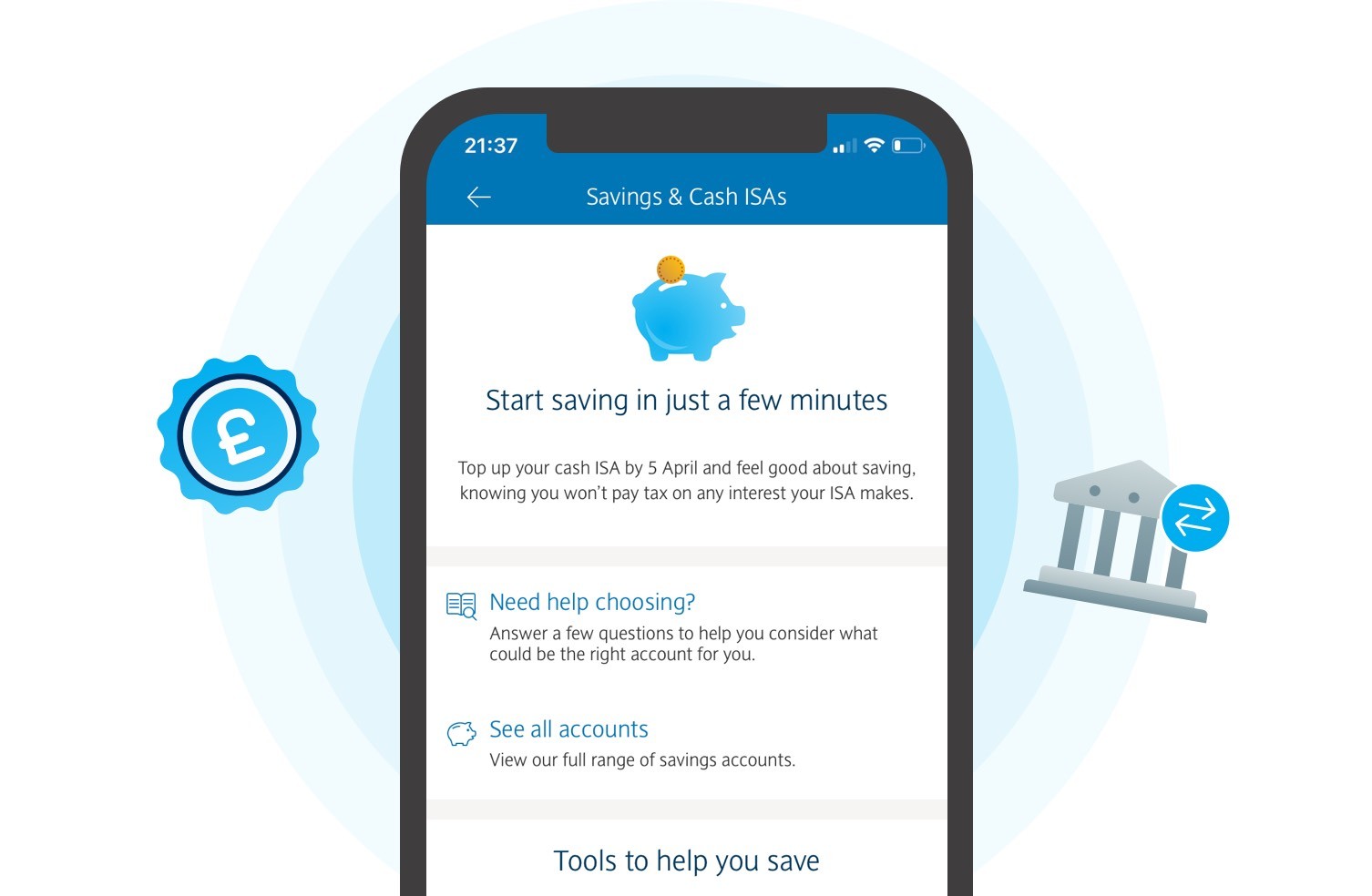 Graphic shows how to open a current and savings account in our app.